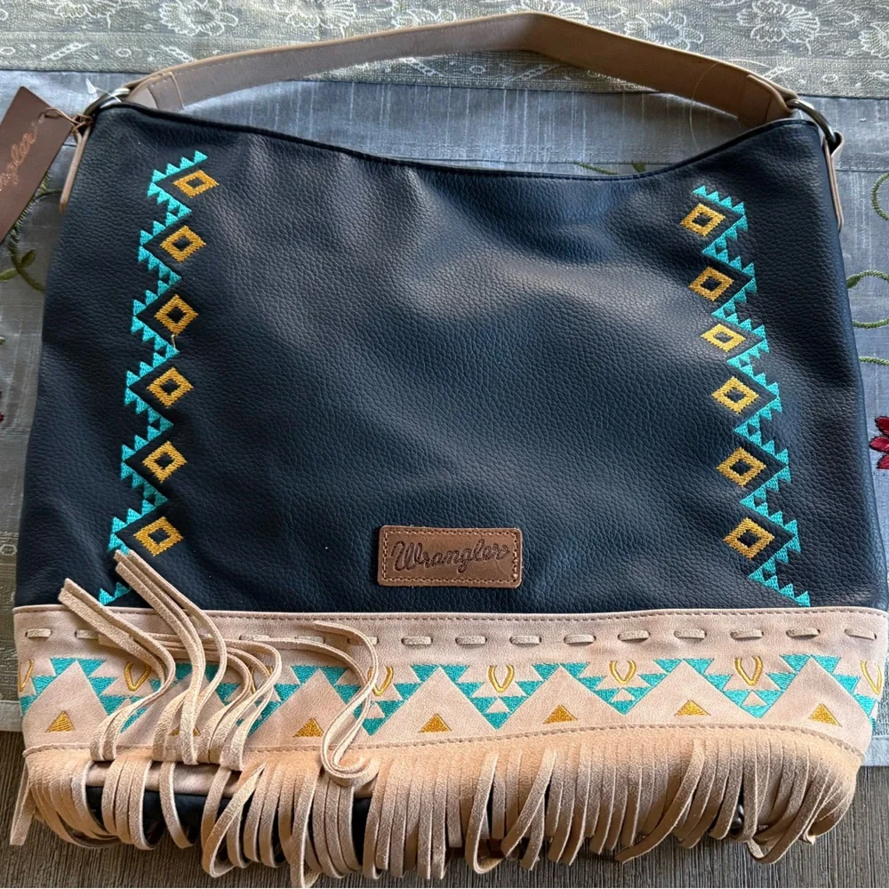 Wrangler Boho Fringe Hobo Crossbody Fringe Bag Black and Tan Shoulder Bag Nwt